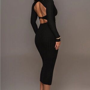 JLUXLABEL Black Ribbed Long-Sleeve Open-Back Maxi Dress